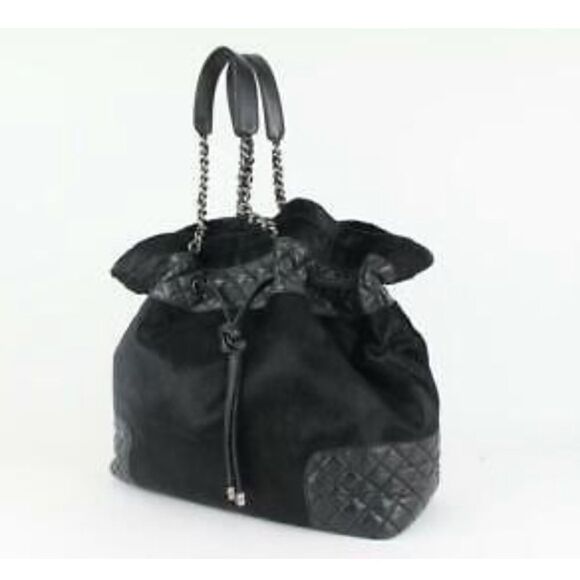 Chanel Black Quilted Lambskin X Pony Hair Drawstring Bucket Chain Hobo Small - Picture 1 of 11